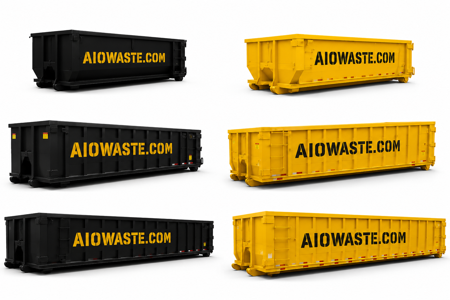 AIOWASTE.COM roll-off dumpsters in yellow and black, multiple sizes